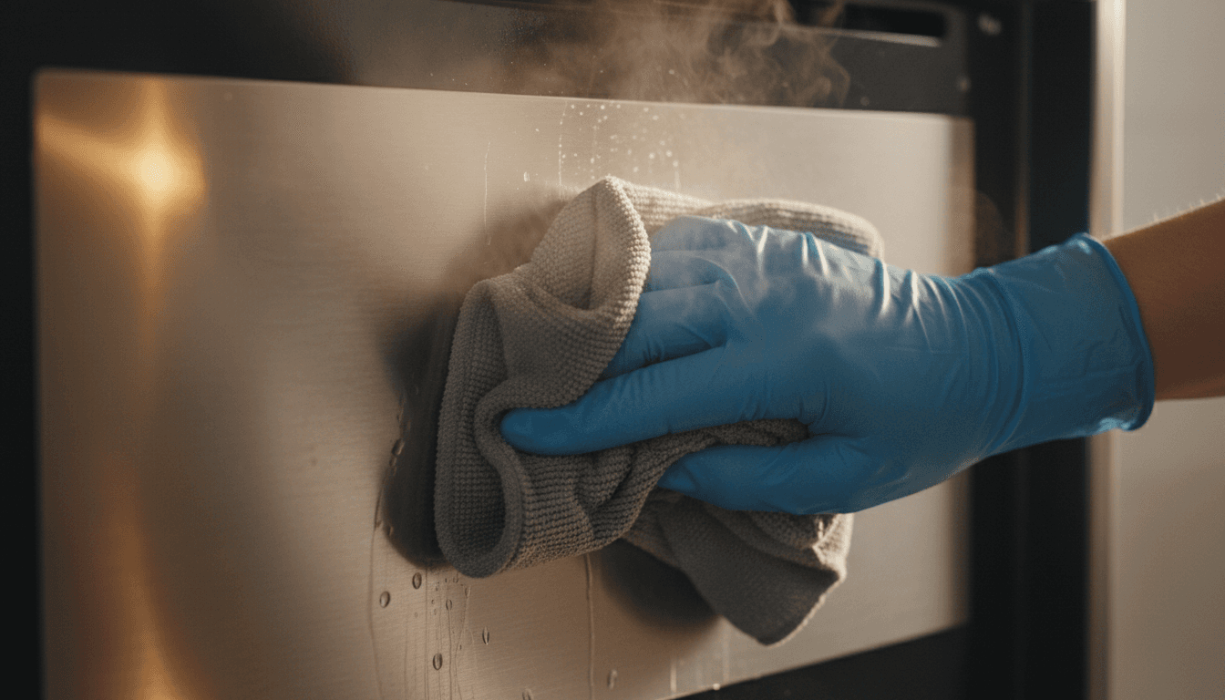 Gloved hand deep cleaning the inside of an oven with a microfiber cloth