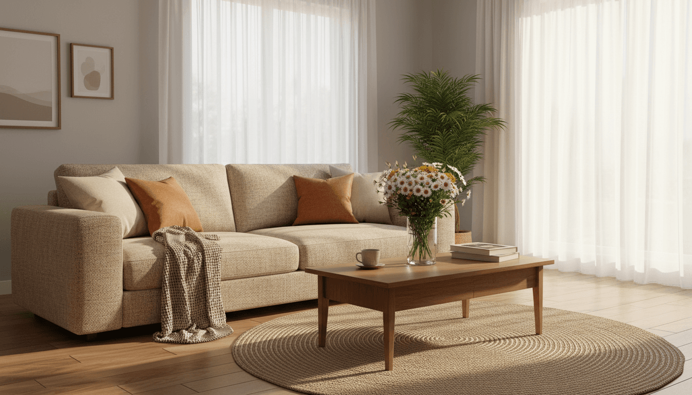 Tidy living room with arranged cushions and fresh flowers after a regular clean