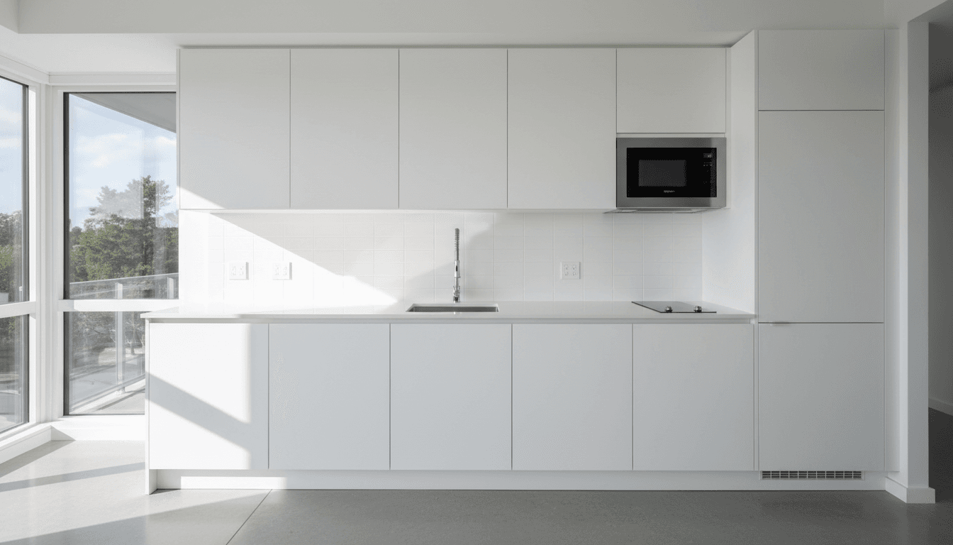 Clean empty apartment kitchen with white countertops ready for bond inspection