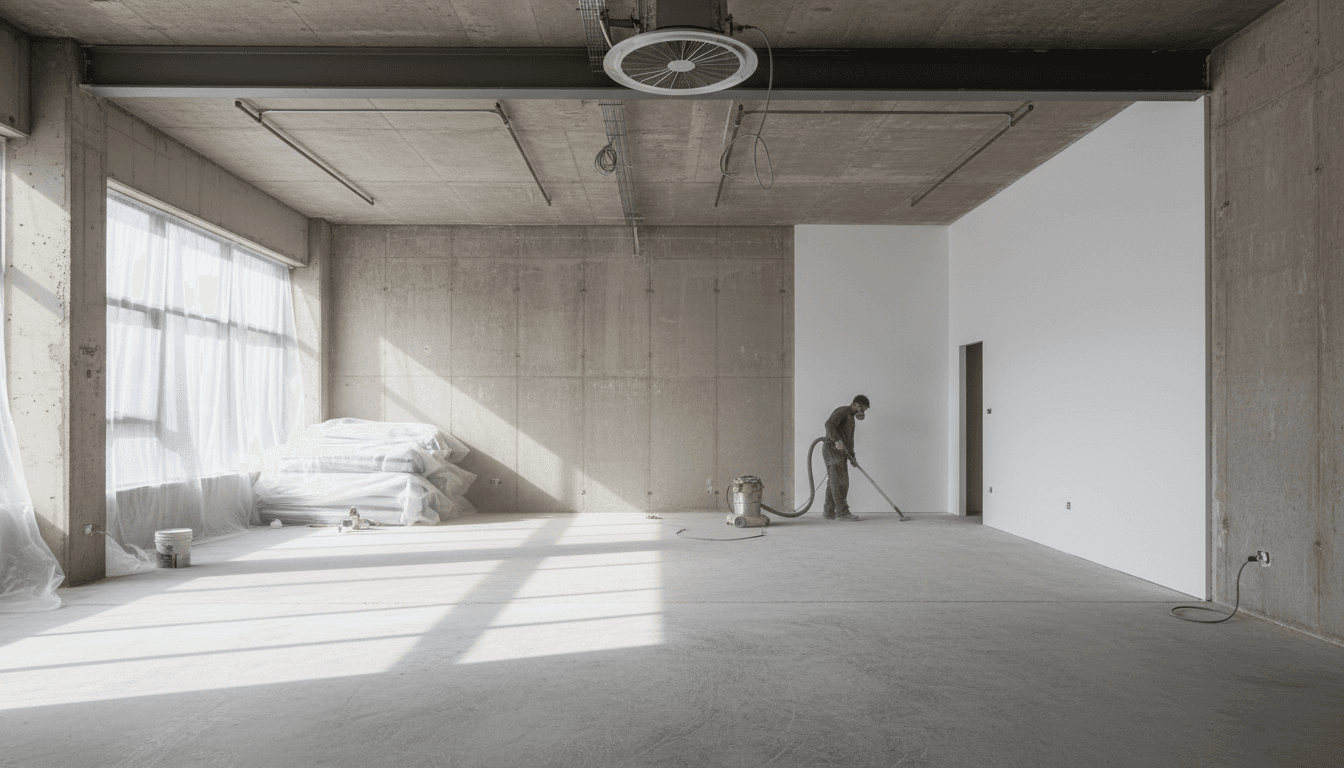 Newly renovated room being vacuumed after construction work