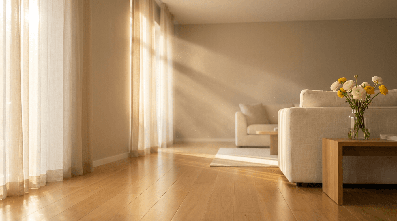 Bright and airy living room with a cleaning checklist resting on a coffee table