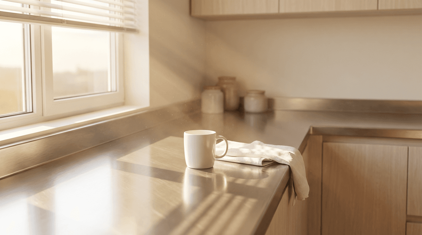 Hand wiping a white kitchen benchtop with a cloth, leaving a clean streak