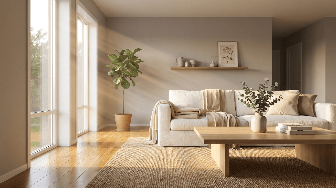Bright, spotless modern living room with sunlight streaming through sheer curtains