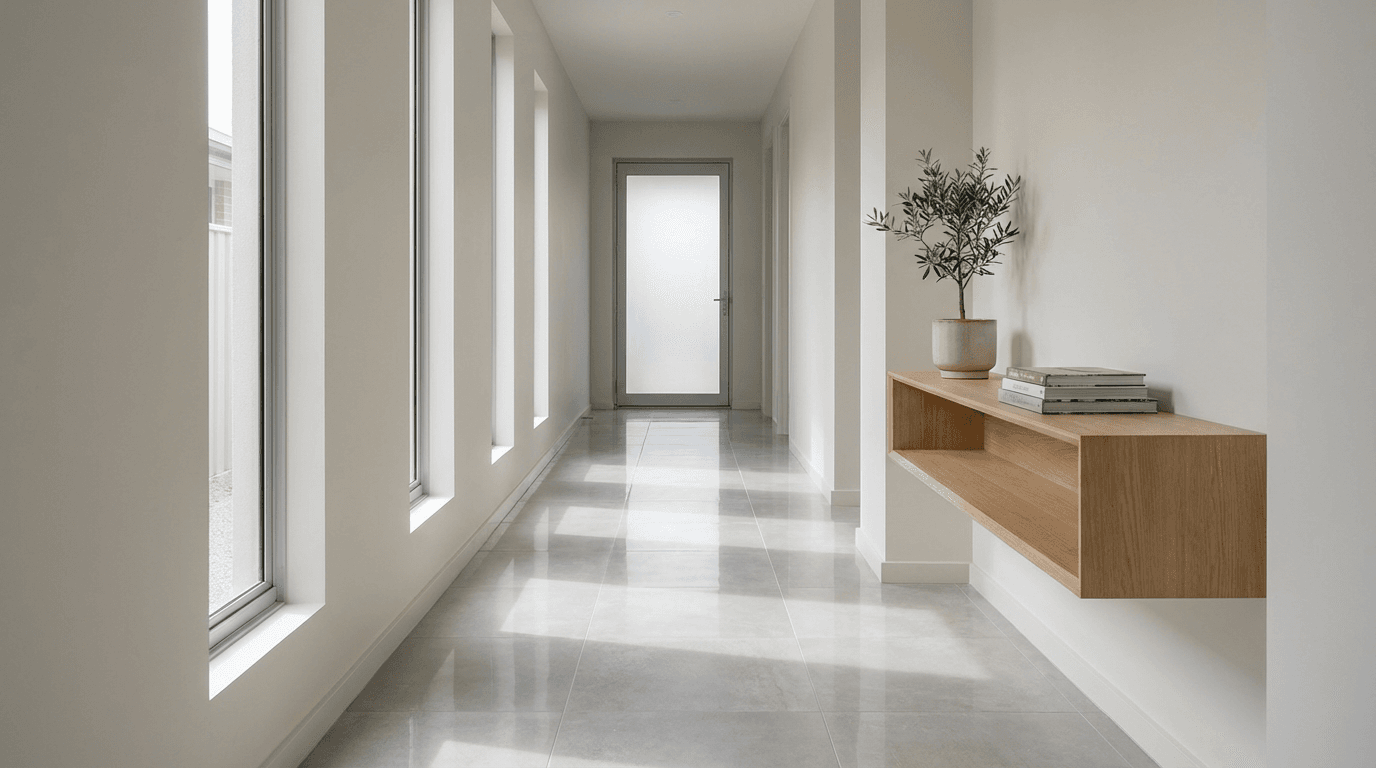 Wide shot of a clean hallway entrance with neatly lined shoes and soft sunlight