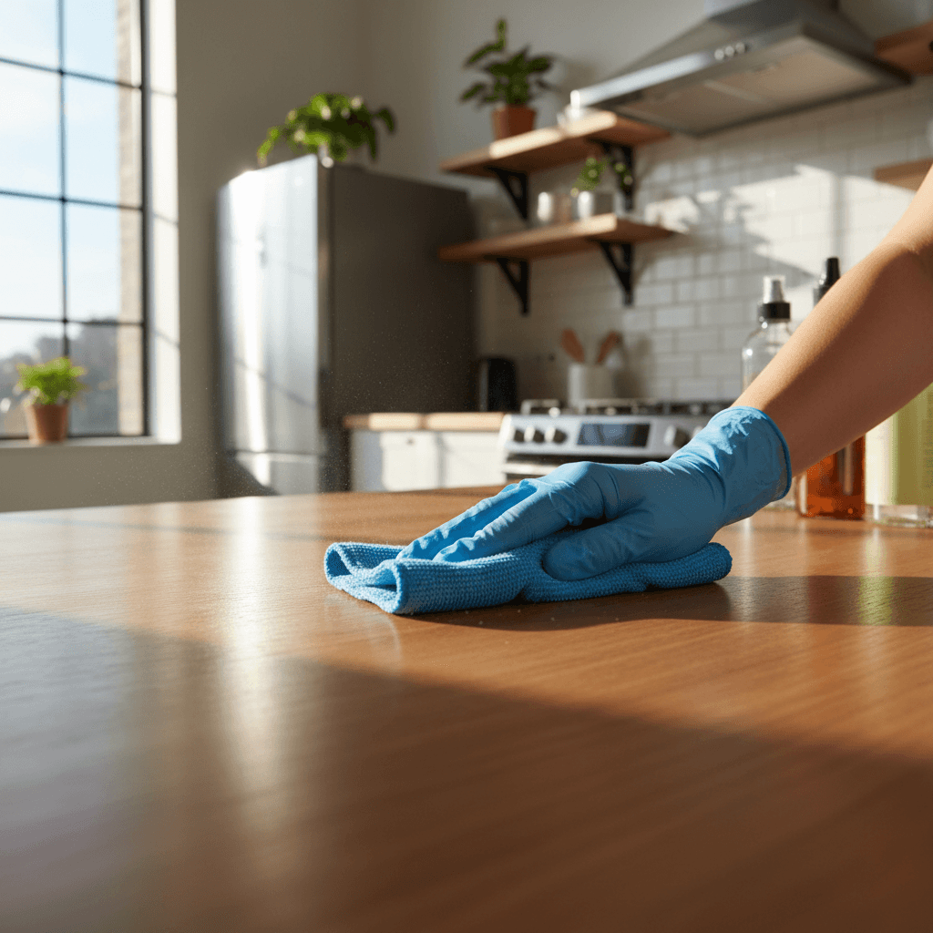 Professional cleaner wiping a kitchen benchtop in a bright Brisbane home