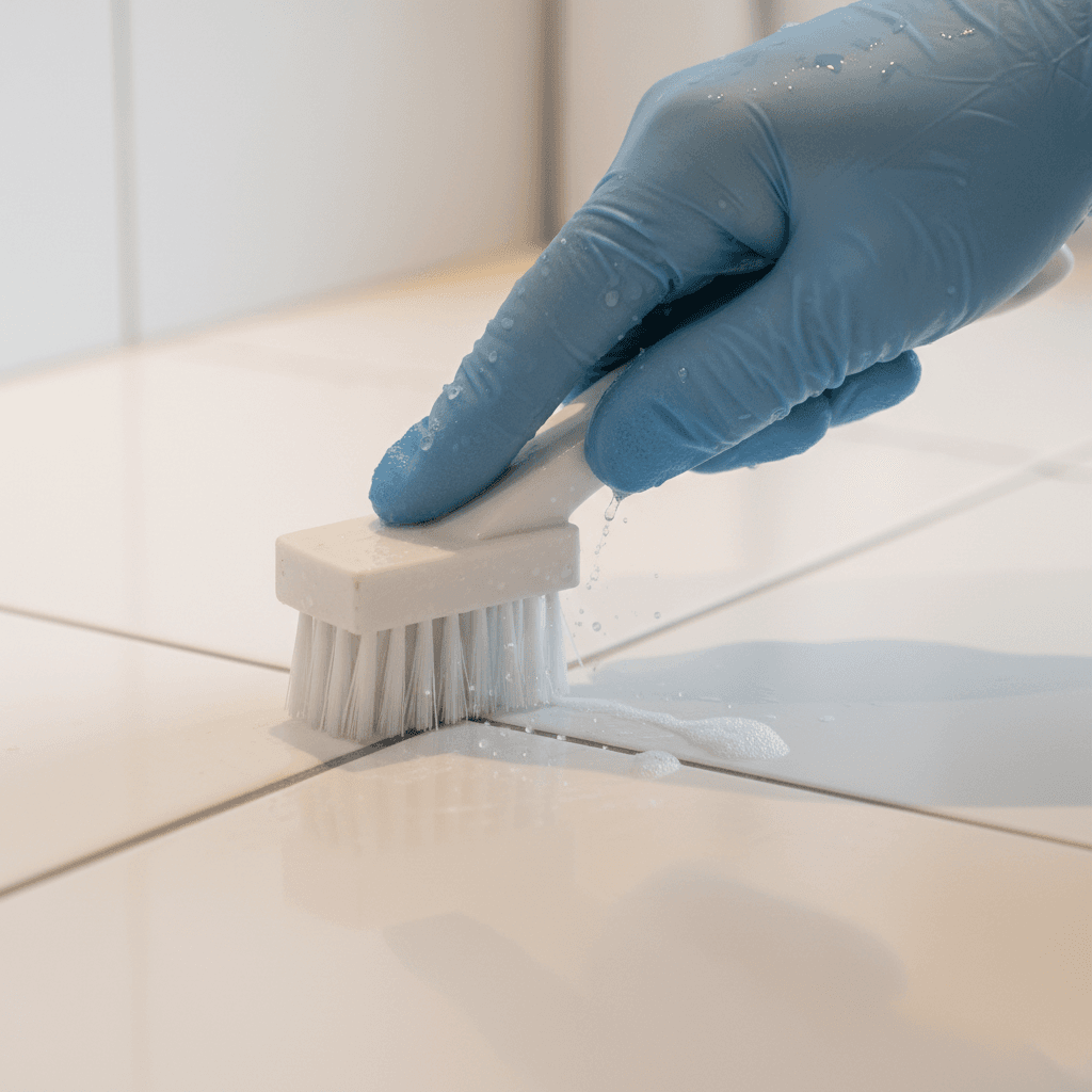 Close-up of hands scrubbing tile grout during a deep clean