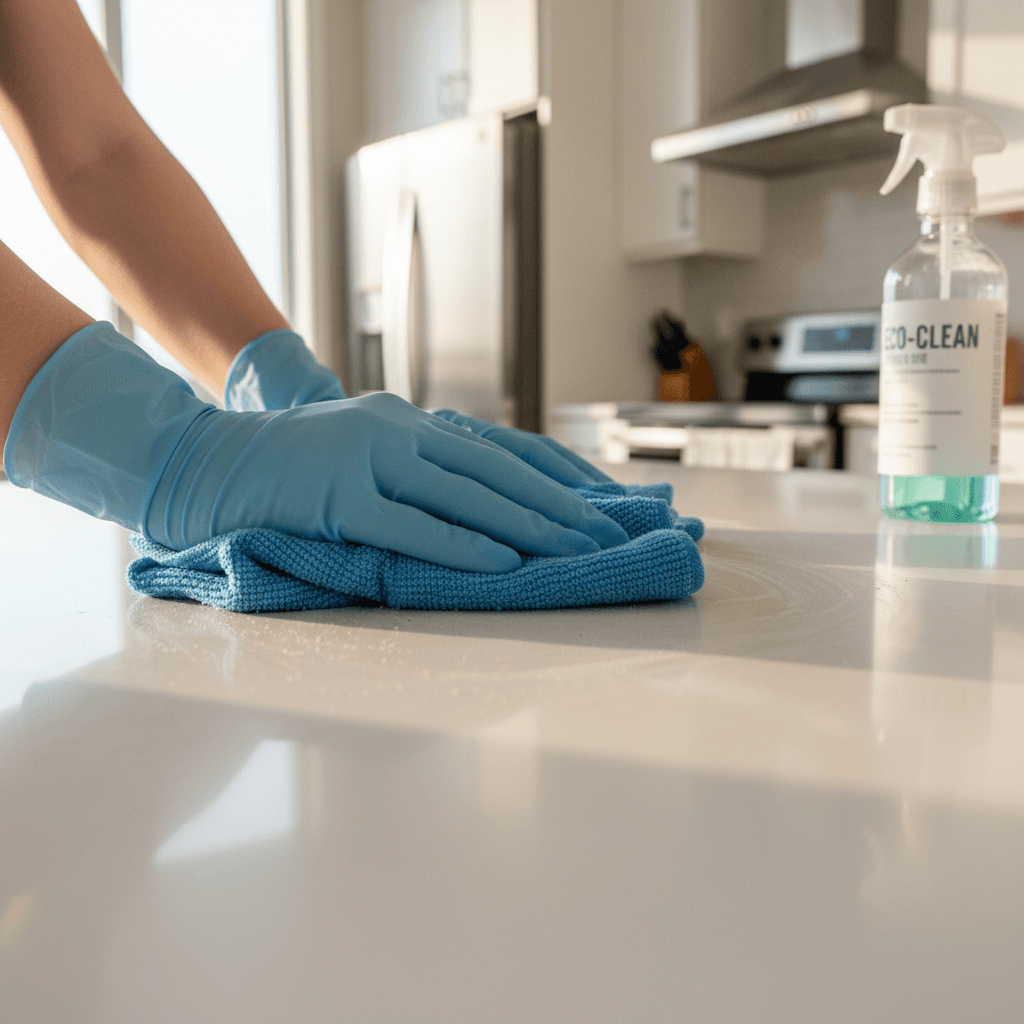 Professional cleaner wiping a kitchen countertop in a sunlit Brisbane home
