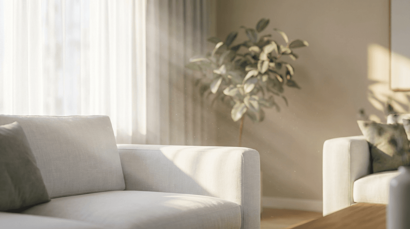 Professional cleaner with supplies in a bright Brisbane living room